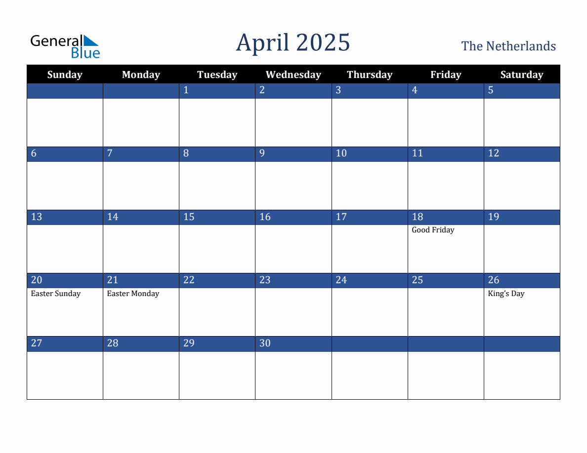 April 2025 Netherlands Holiday Calendar