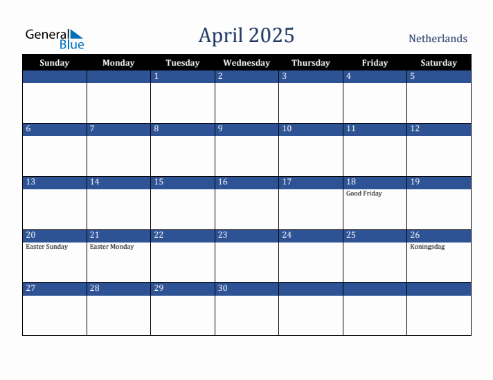 April 2025 The Netherlands Calendar (Sunday Start)