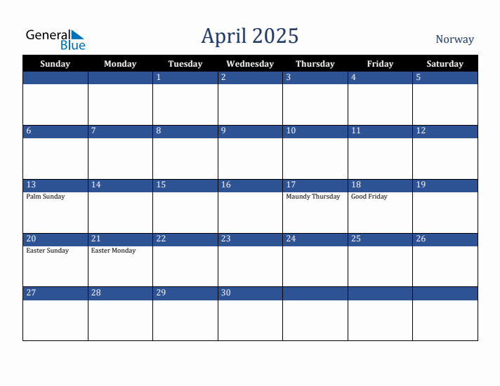 April 2025 Norway Calendar (Sunday Start)