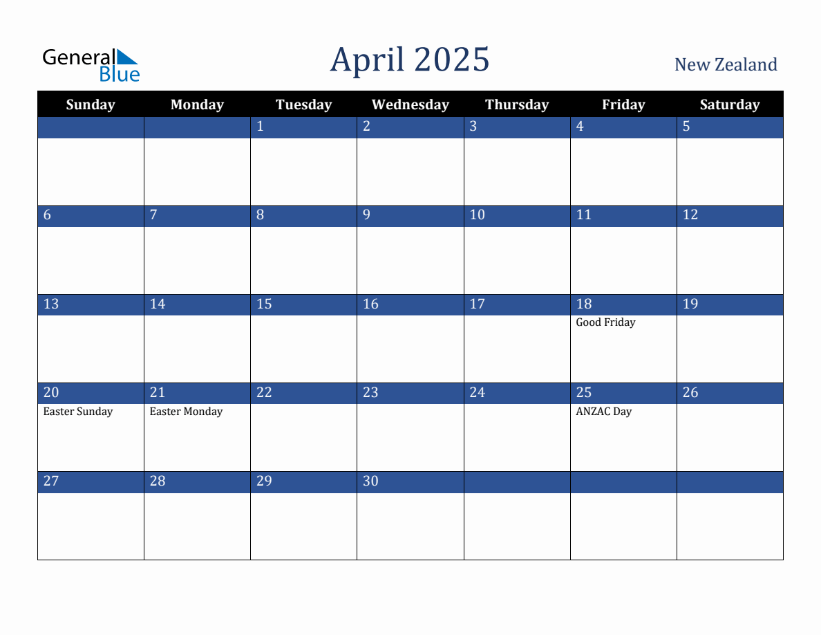 April 2025 New Zealand Holiday Calendar