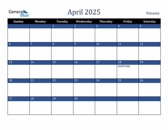 April 2025 Panama Calendar (Sunday Start)