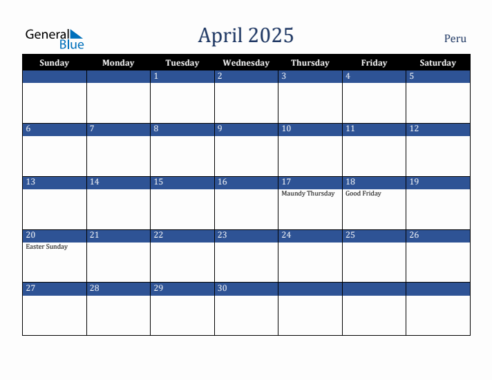 April 2025 Peru Calendar (Sunday Start)