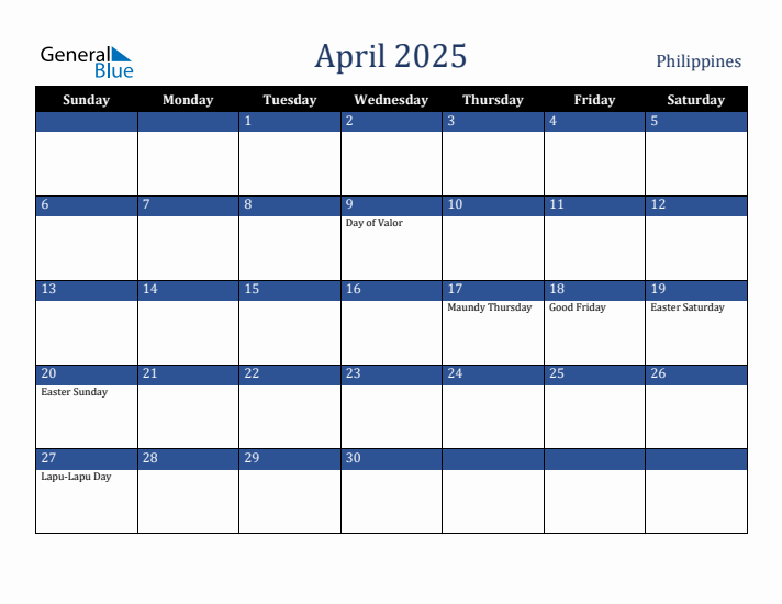 April 2025 Philippines Calendar (Sunday Start)