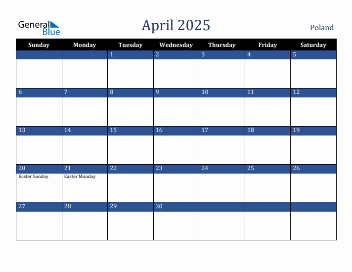 April 2025 Poland Calendar (Sunday Start)