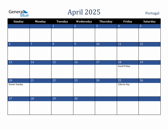 April 2025 Portugal Calendar (Sunday Start)