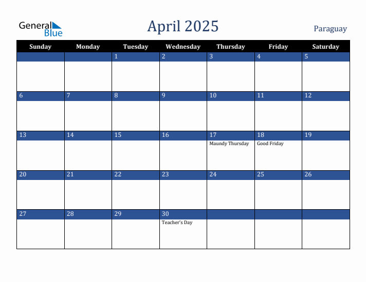 April 2025 Paraguay Calendar (Sunday Start)