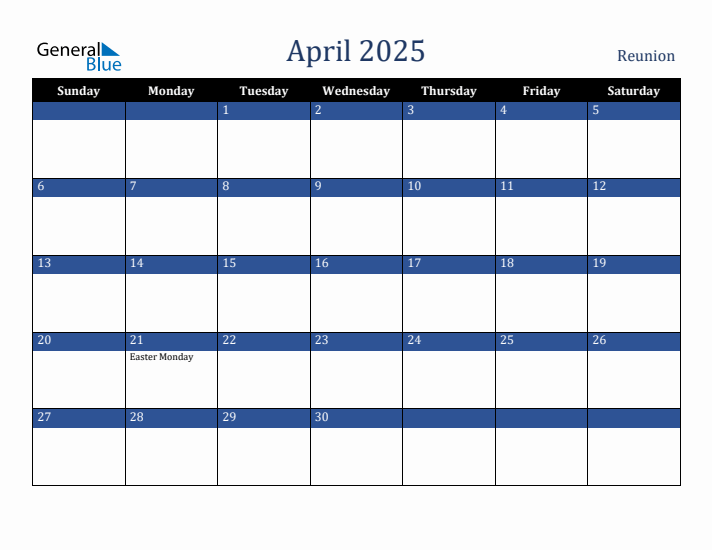 April 2025 Reunion Calendar (Sunday Start)