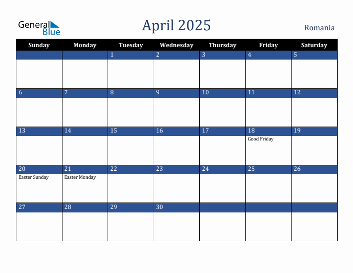 April 2025 Monthly Calendar with Romania Holidays