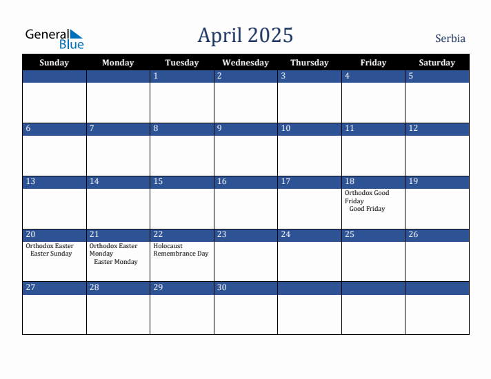 April 2025 Serbia Calendar (Sunday Start)
