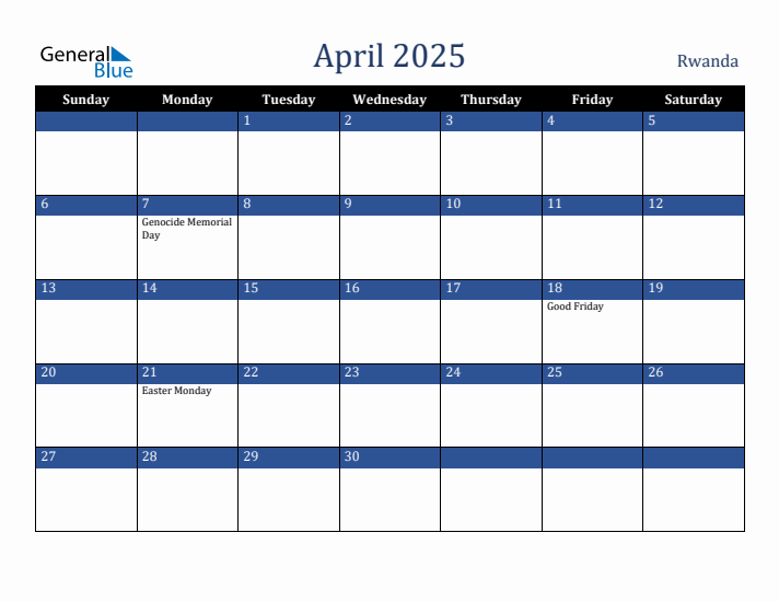 April 2025 Monthly Calendar with Rwanda Holidays
