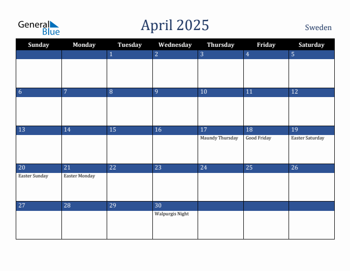 April 2025 Sweden Calendar (Sunday Start)