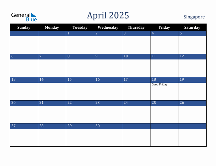April 2025 Singapore Calendar (Sunday Start)