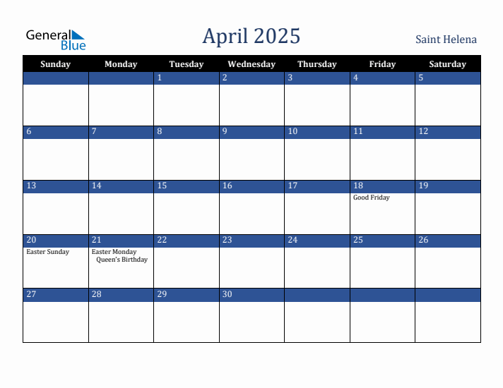 April 2025 Saint Helena Calendar (Sunday Start)