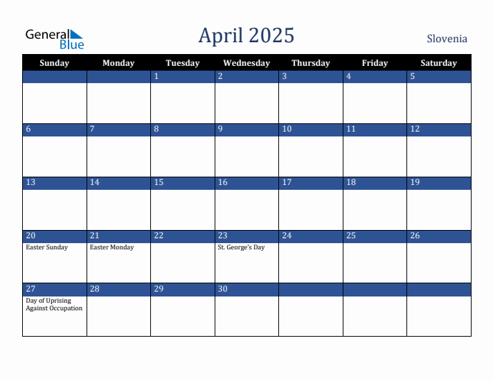 April 2025 Slovenia Calendar (Sunday Start)