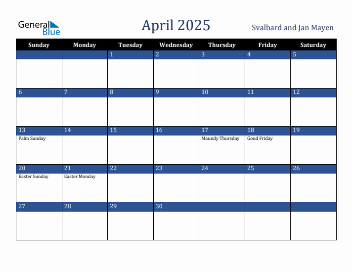 April 2025 Svalbard and Jan Mayen Calendar (Sunday Start)