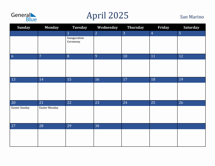 April 2025 San Marino Calendar (Sunday Start)