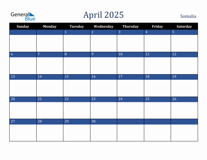 April 2025 Somalia Calendar (Sunday Start)