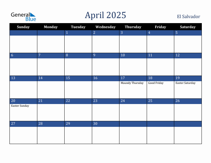April 2025 El Salvador Calendar (Sunday Start)
