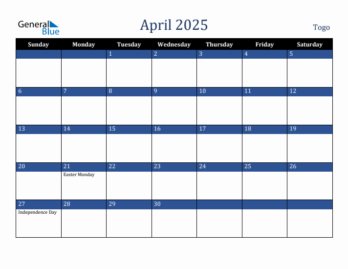 April 2025 Togo Calendar (Sunday Start)