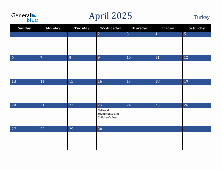 April 2025 Turkey Calendar (Sunday Start)