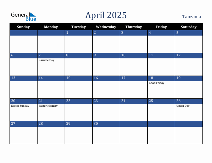 April 2025 Tanzania Calendar (Sunday Start)