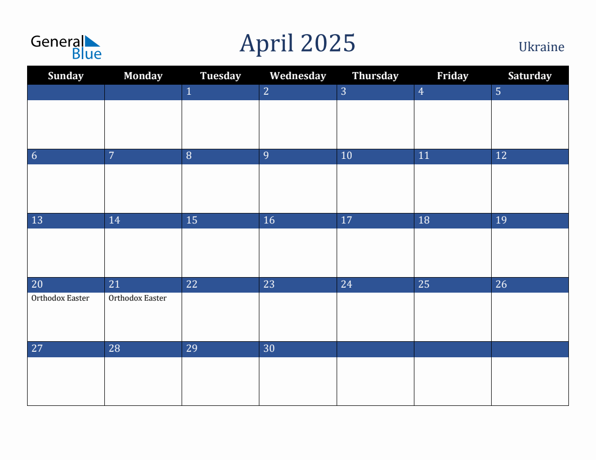 April 2025 Ukraine Holiday Calendar