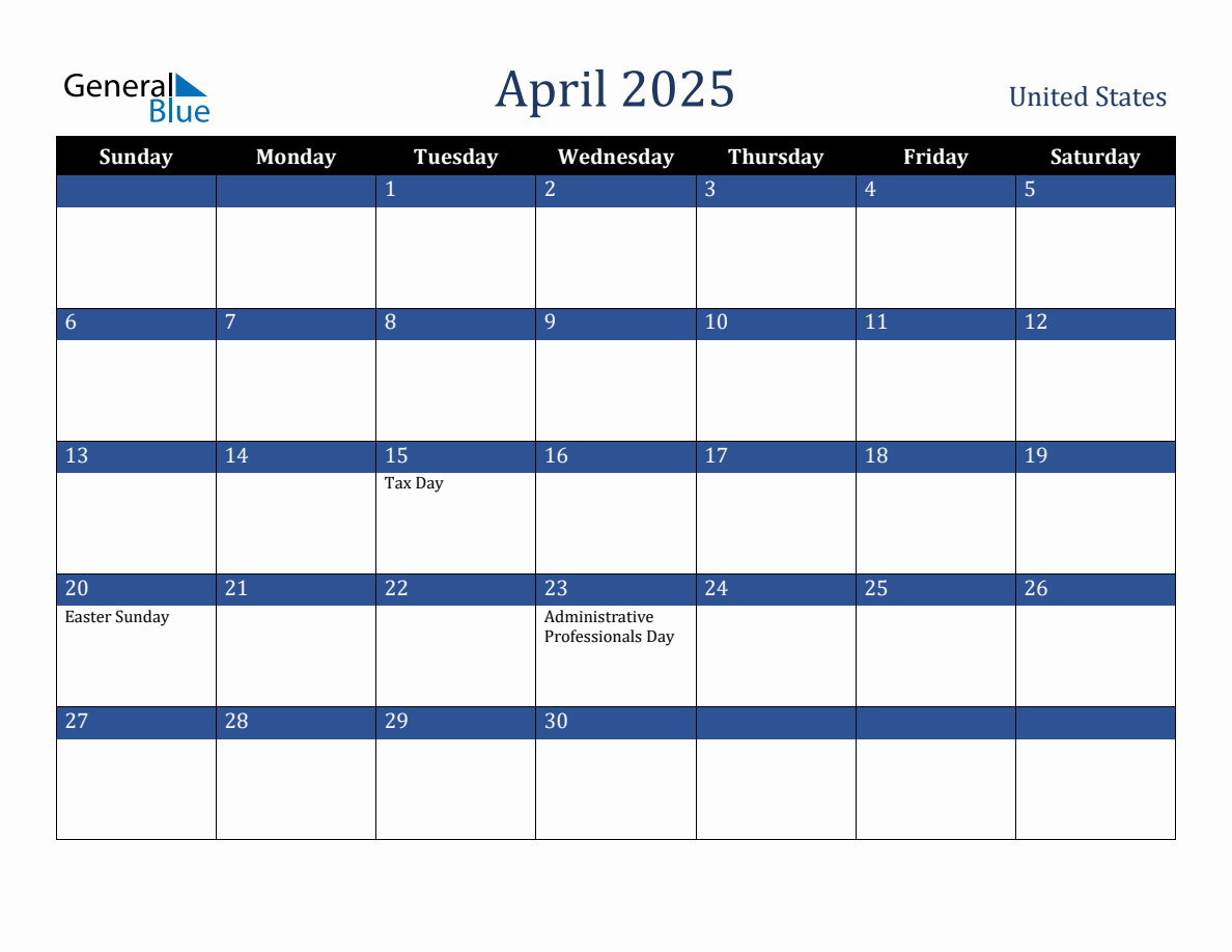April 2025 United States Holiday Calendar