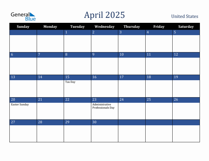 April 2025 United States Calendar (Sunday Start)