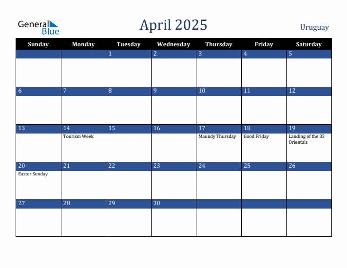 April 2025 Uruguay Calendar (Sunday Start)