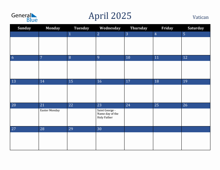 April 2025 Monthly Calendar with Vatican Holidays