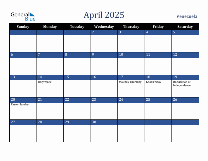 April 2025 Venezuela Calendar (Sunday Start)