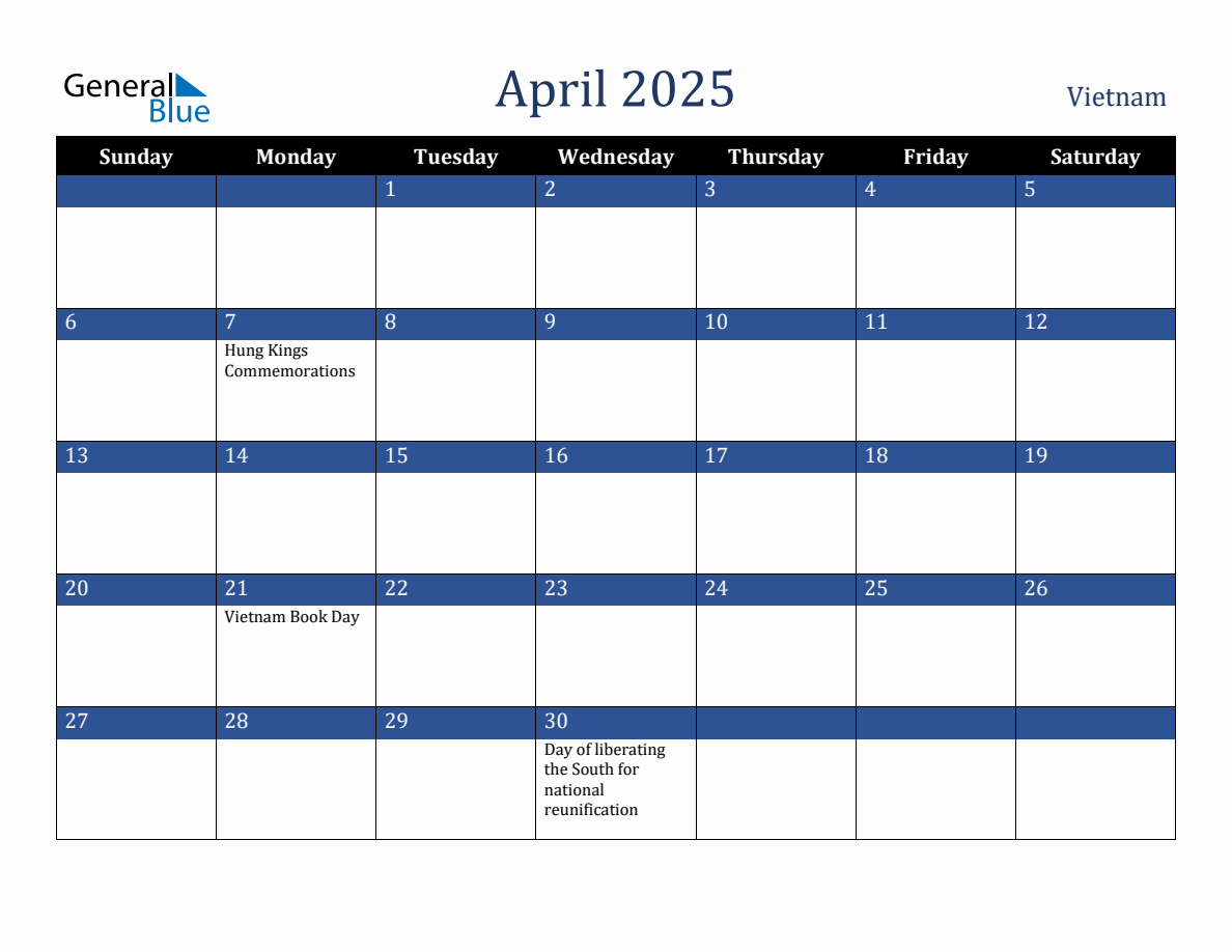 April 2025 Vietnam Holiday Calendar