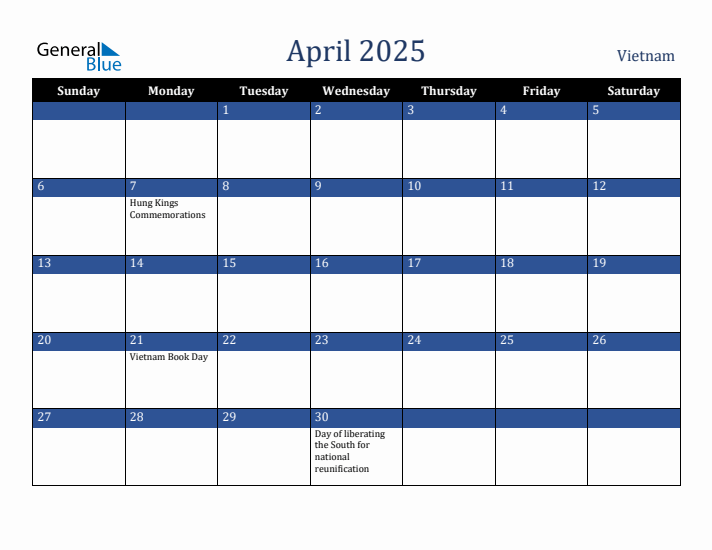 April 2025 Vietnam Calendar (Sunday Start)