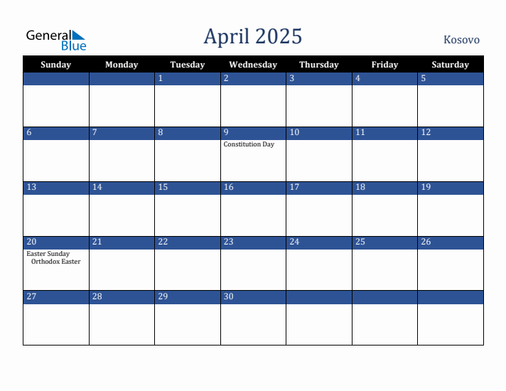 April 2025 Kosovo Calendar (Sunday Start)