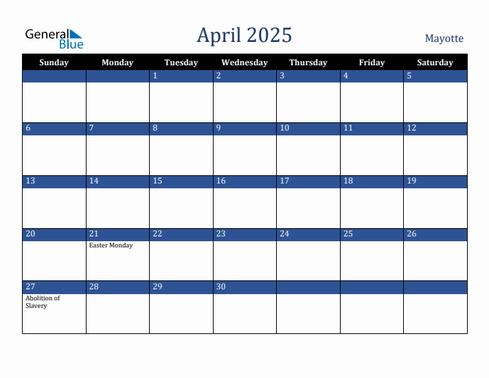 April 2025 Mayotte Calendar (Sunday Start)