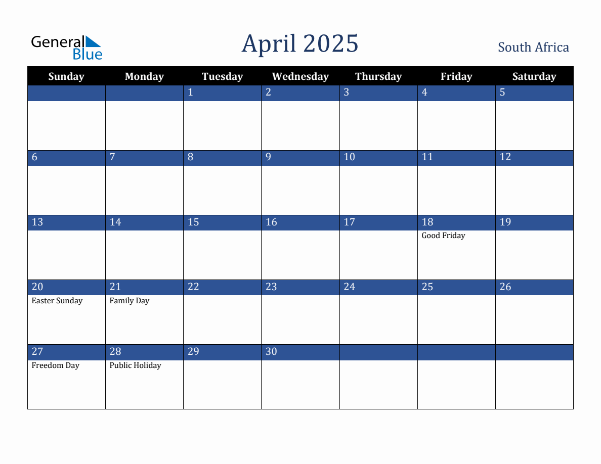 April 2025 South Africa Holiday Calendar