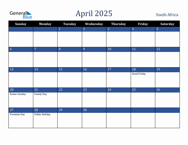April 2025 South Africa Holiday Calendar