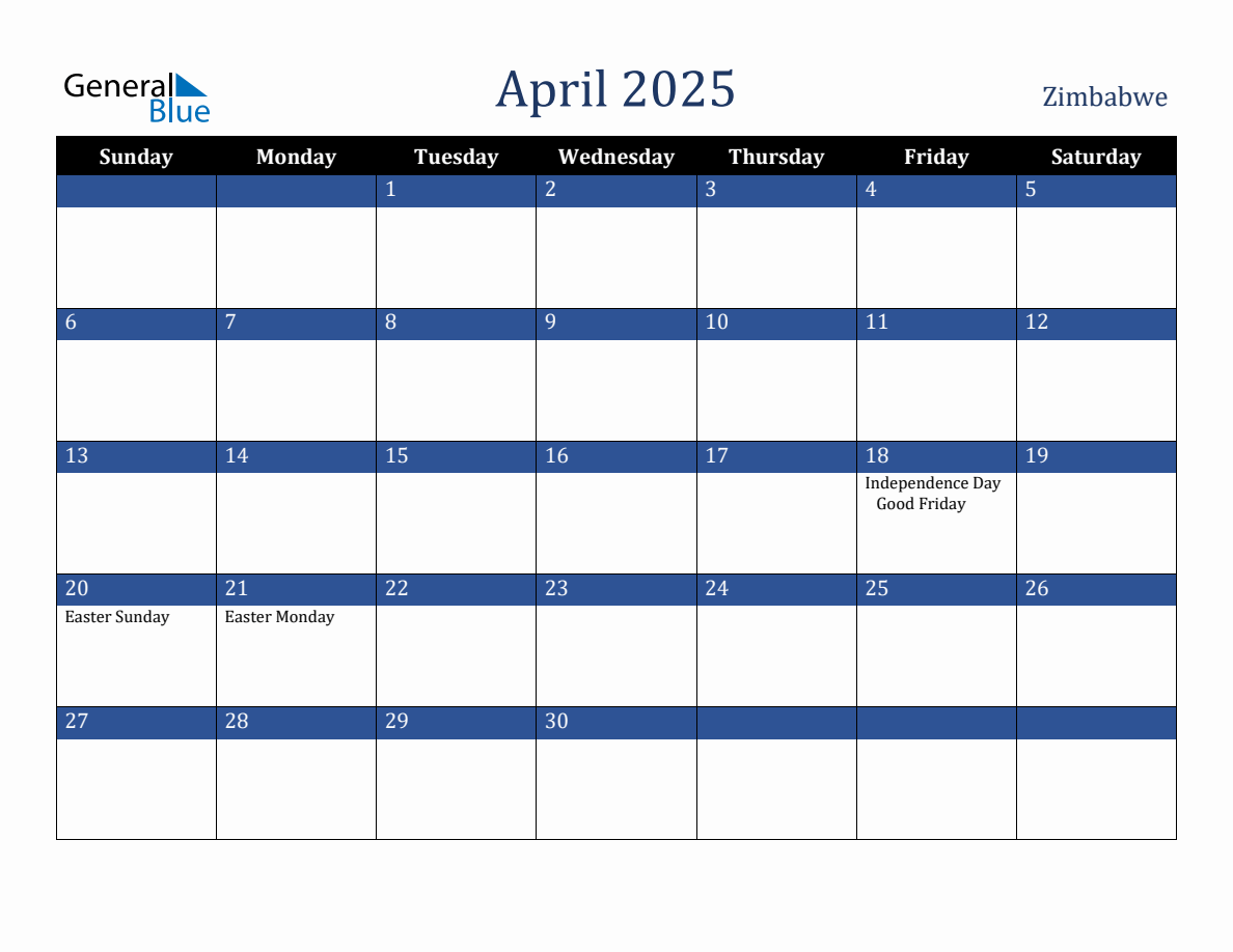 April 2025 Zimbabwe Holiday Calendar