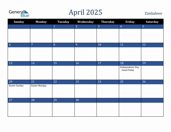 April 2025 Zimbabwe Calendar (Sunday Start)
