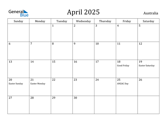 Australia April 2025 Calendar with Holidays