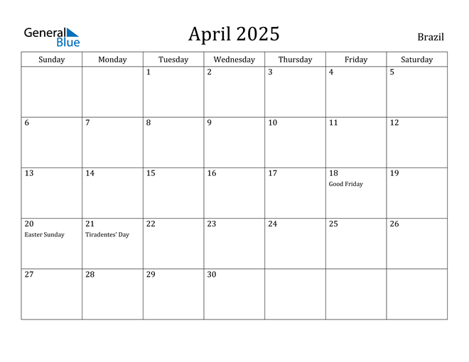 Brazil April 2025 Calendar with Holidays