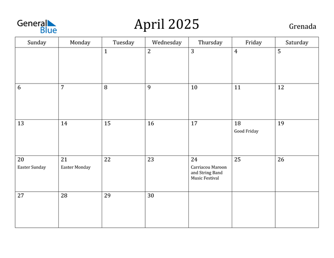 April 2025 Calendar Grenada