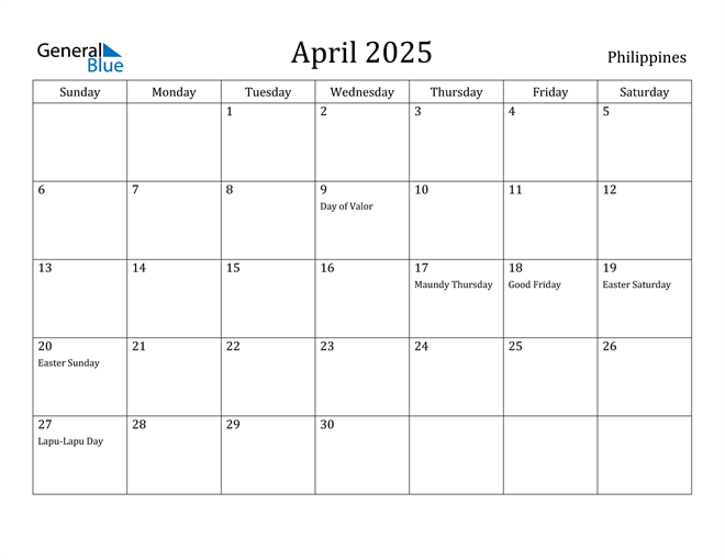 Philippines April 2025 Calendar with Holidays