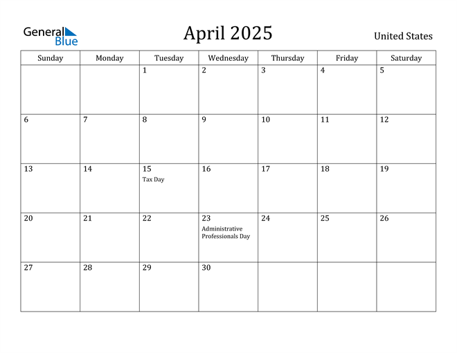 April 2025 Calendar With United States Holidays