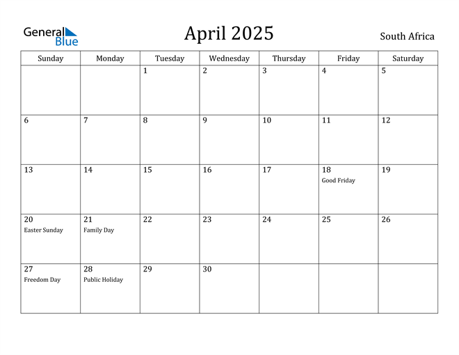 South Africa April 2025 Calendar with Holidays
