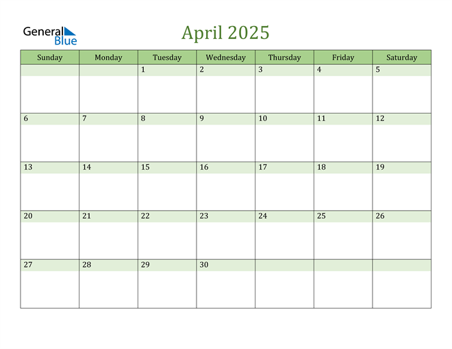  April Calendar 2025