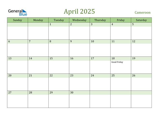 April 2025 Calendar with Cameroon Holidays