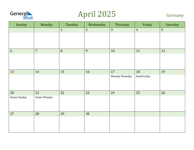 Germany April 2025 Calendar with Holidays