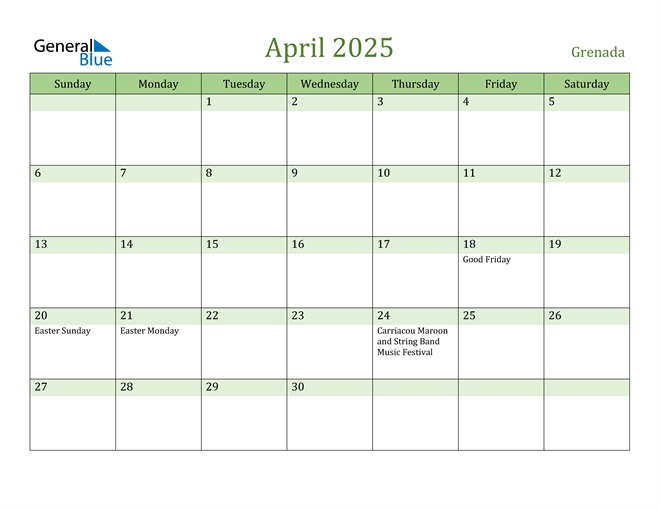 April 2025 Calendar with Grenada Holidays