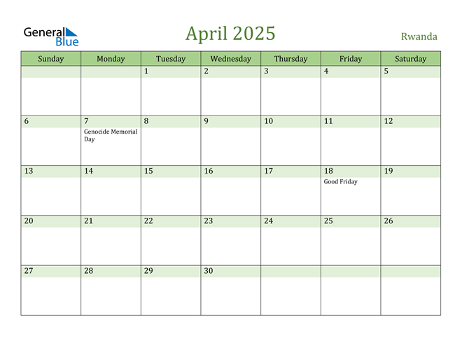 Rwanda April 2025 Calendar with Holidays